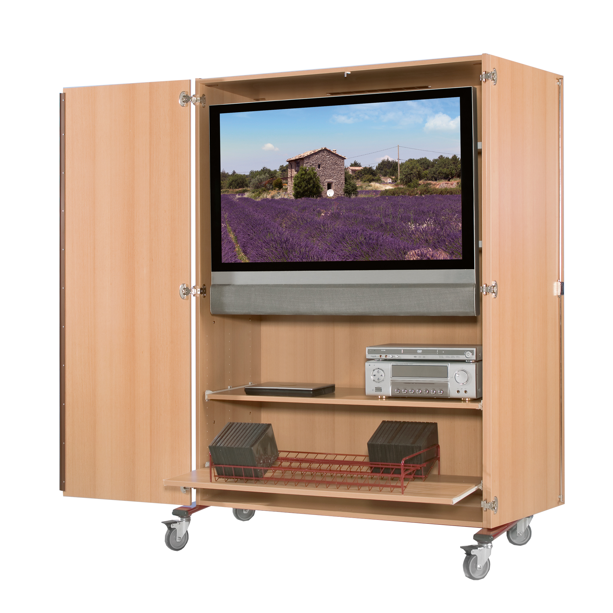 Tweedeurs tv-trolley met roluittreksysteem en video-uittreksysteem