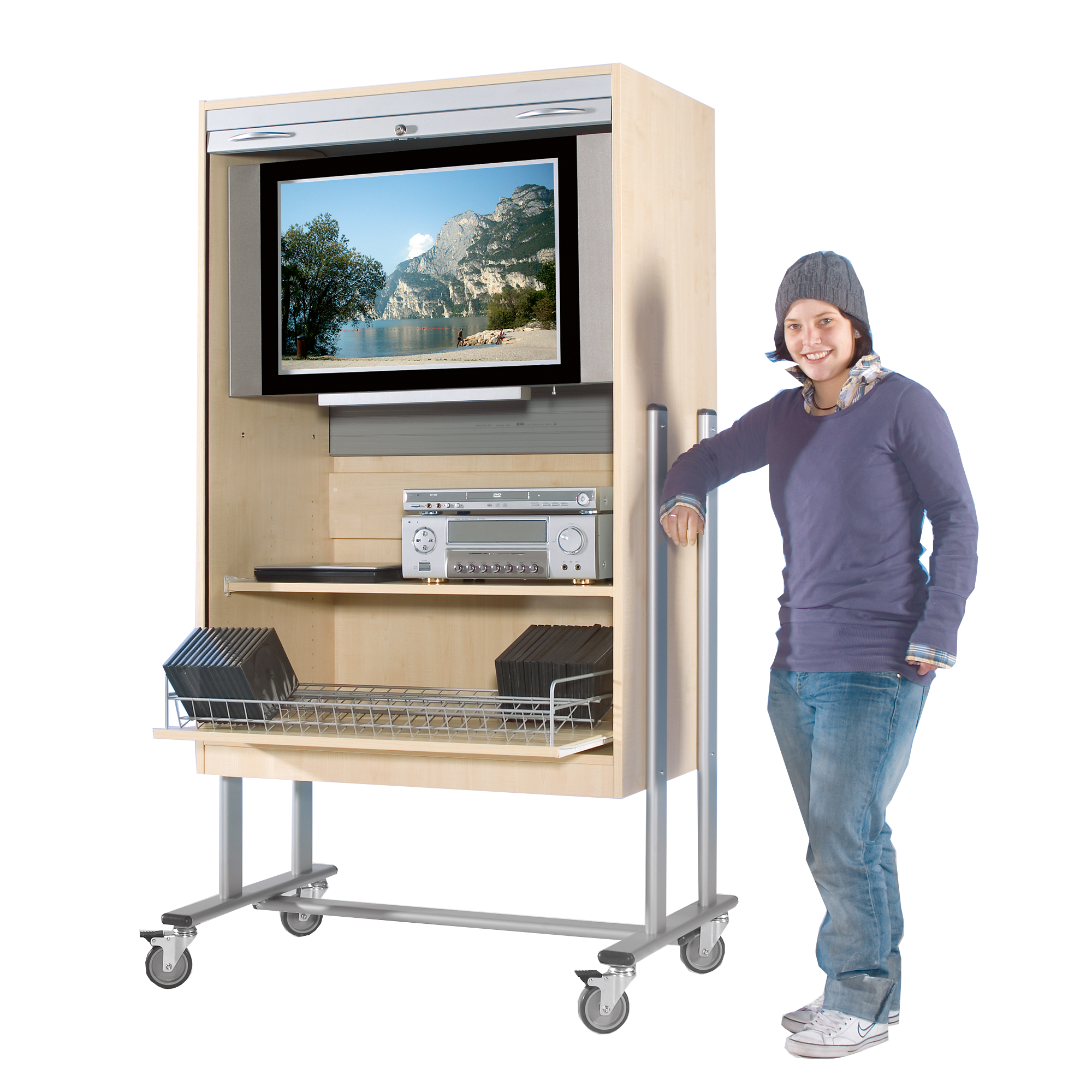 Tv-trolley met rolgordijn, 1 uittrekrol en plank