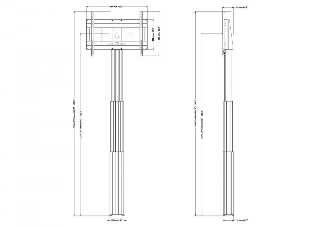 Elektrisch in hoogte verstelbare monitor muurbeugel, 140 cm slag