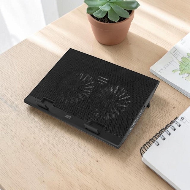 Deskshop zwarte laptopstandaard met 2 ventilatoren en 4-poorts USB-hub, verstelbaar