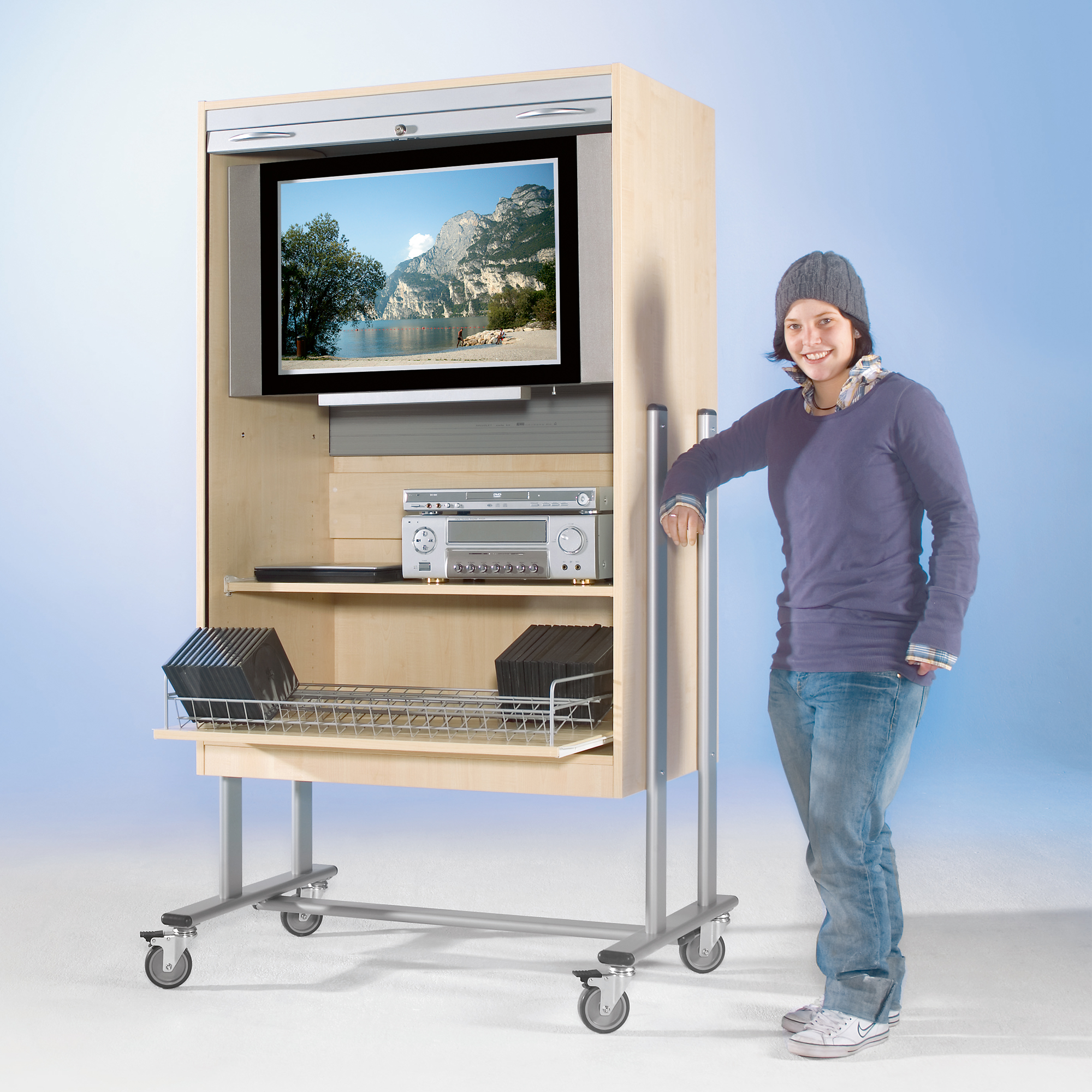Tv-trolley met rolgordijn, 1 uittrekrol en plank