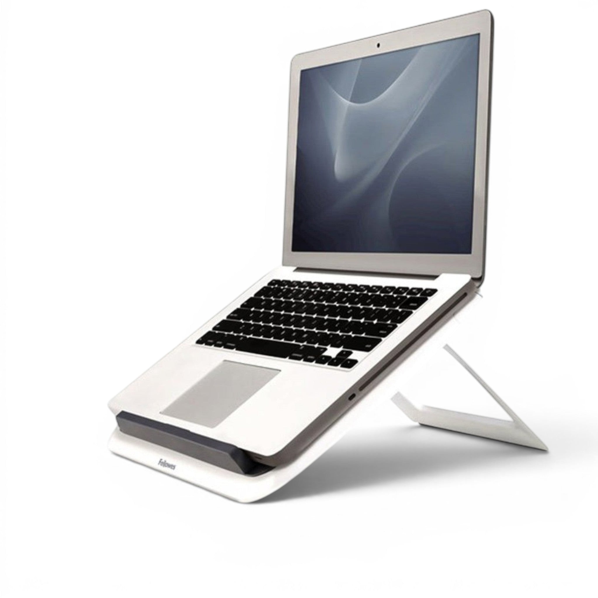 Fellowes I-Spire Quick Lift laptopstandaard in wit, verstelbaar in 7 standen voor ergonomisch werken.