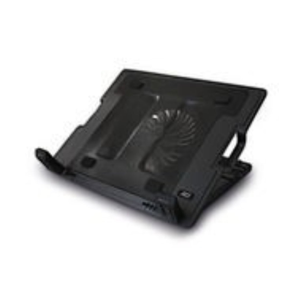 Deskshop zwarte laptopstandaard met ventilator, 5 standen, 2-poorts hub, metalen mesh