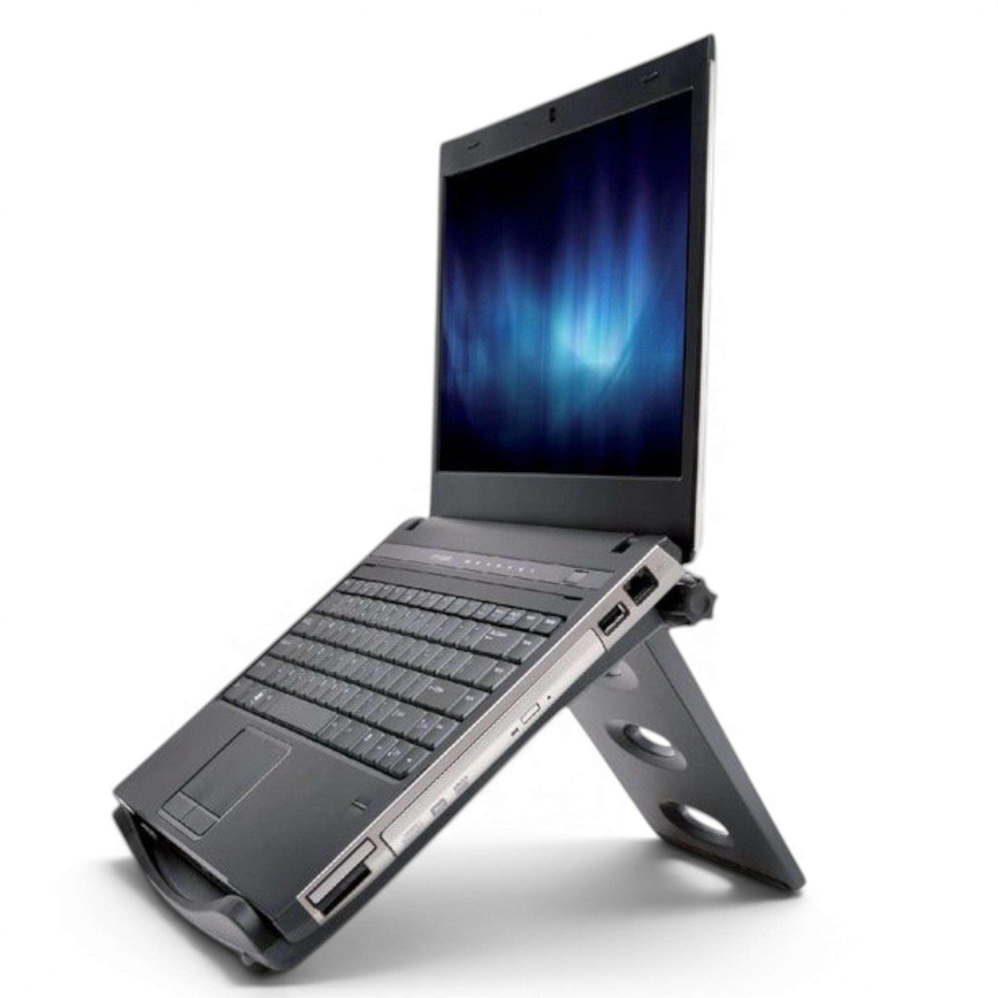 Deskshop Kensington easyriser smartfit laptopstandaard in zwart, verstelbaar voor ergonomische houding.