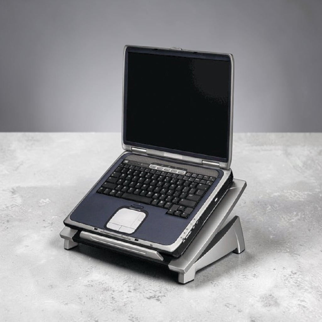Deskshop laptopstandaard in zwart en grijs, verstelbaar voor ergonomisch werken.