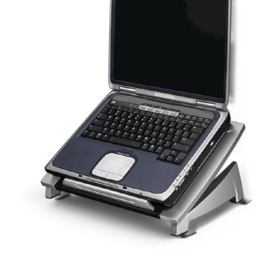 Deskshop Laptopstandaard zwart/grijs, ergonomische bureau accessoire voor comfortabeler werken.