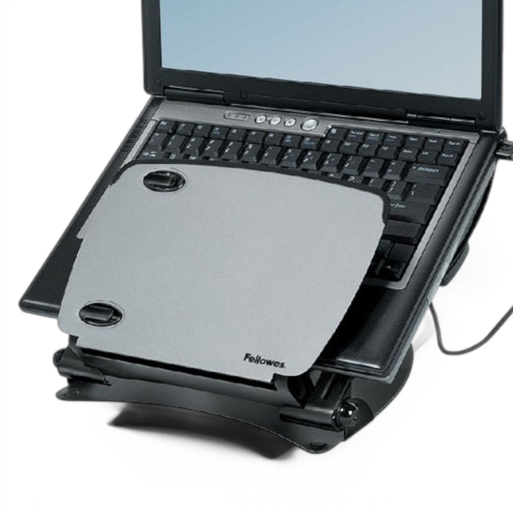 Deskshop Professional series metalen laptopstandaard met USB, grijs. Ergonomisch en stijlvol.