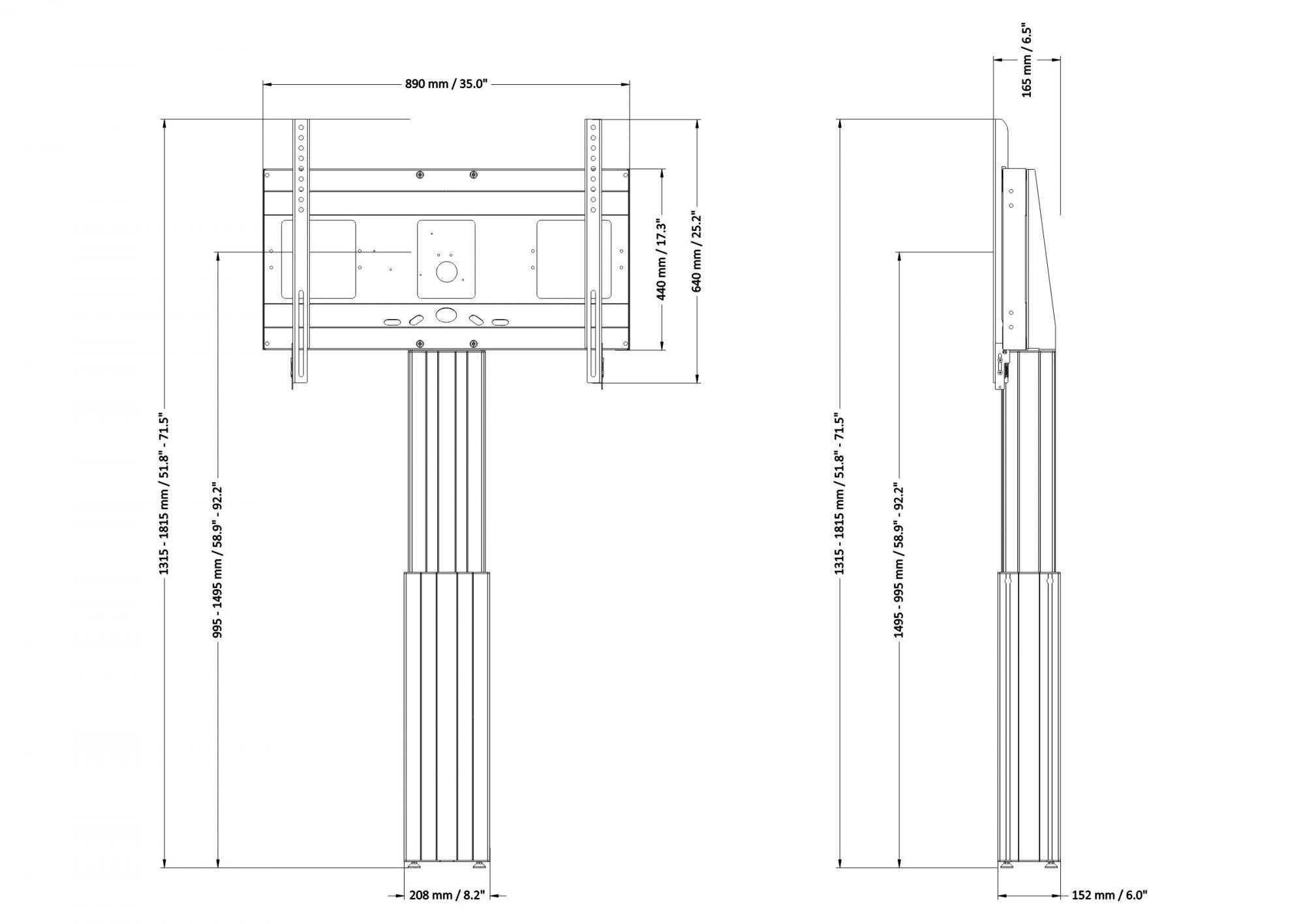 Elektrisch hoogte verstelbaar TV standaard 95-145 cm voor 42 tot 100 inch schermen voor wandmontage